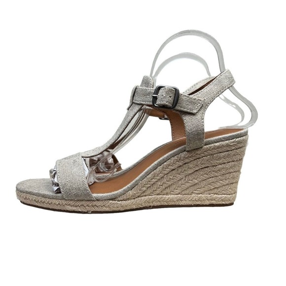 Lucky Brand Millinda Wedge Sandals T Strap Slingback Metallic Beige Women 11M* - Picture 3 of 8